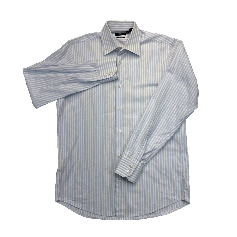 Hugo Boss Dress Shirt Mens Size 15 32/33 Blue White Striped Regular Fit